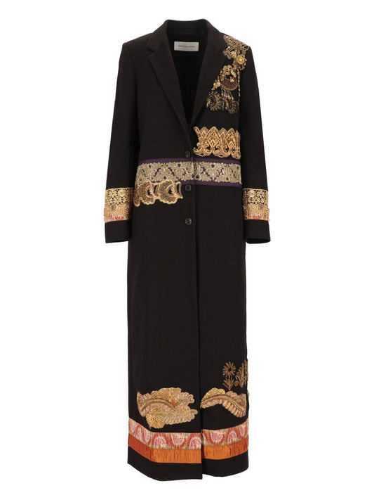Dries Van Noten Long Wool Coat With Embellishments - Black