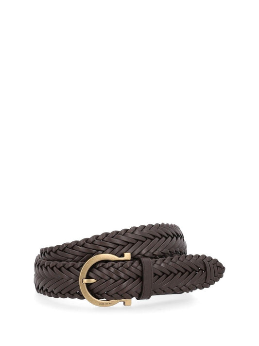 Ferragamo Woven Belt With Gancini Buckle - Brown