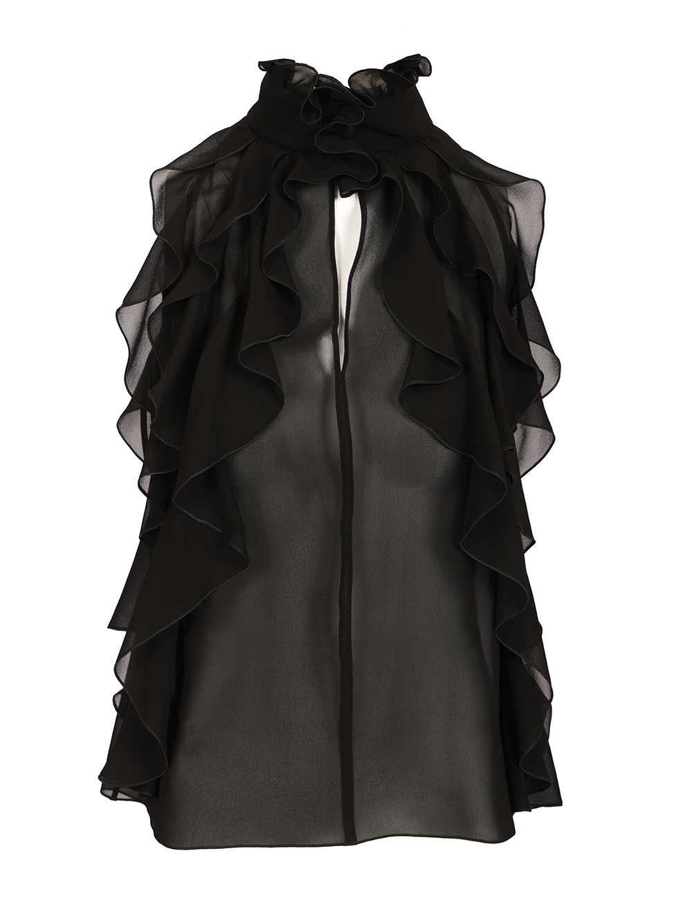 Mcqueen Cut-Out Top In Silk Georgette With Ruffles - Black