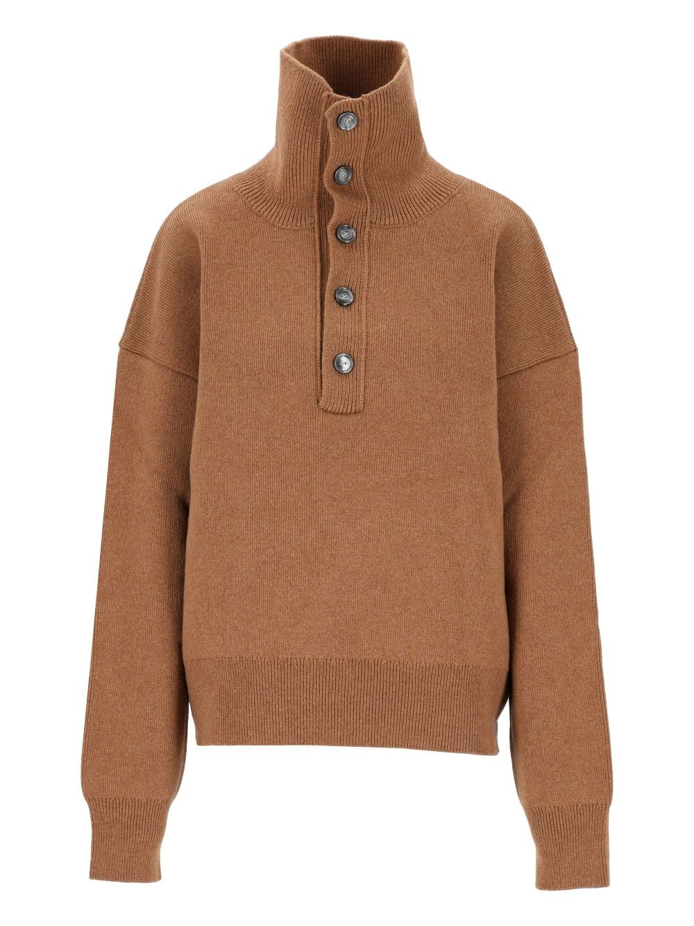 Ami Wool Sweater With Buttoned Neck - Brown