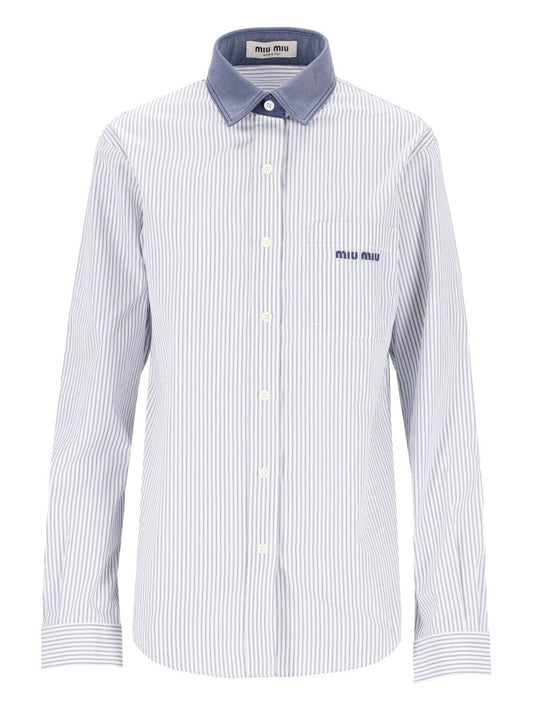 Miu Miu Shirt In Blue And White Striped Poplin - Sky Blue